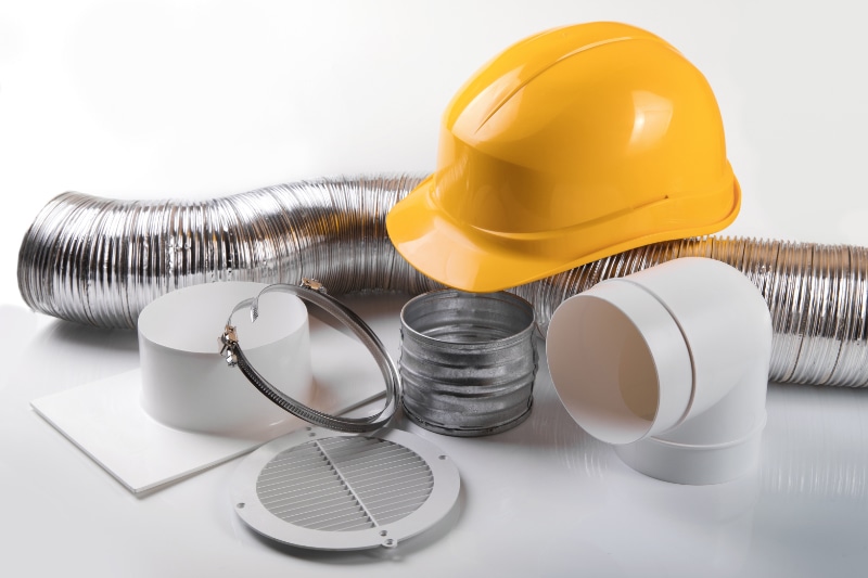 ventilation system equipment and helmet on white background