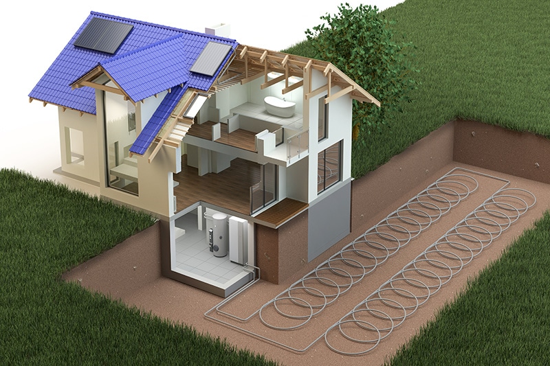 A computer generated rendering of a heat pump system installed within a home.